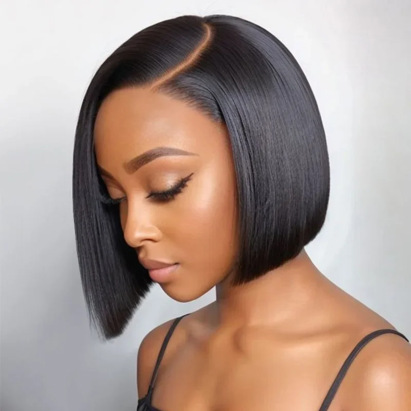 Peruca Curta BOB em Promoção, Peruca Bob com Parte Lateral em T, Cabelo Humano Brasileiro Pré-Processado com Cutícula Alinhada para Mulheres Negras
