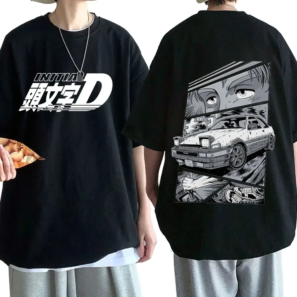 アニメドリフト AE86 頭文字 D 両面 Tシャツ O ネック半袖夏カジュアルユニセックス R34 スカイライン GTR JDM マンガ Tシャツ