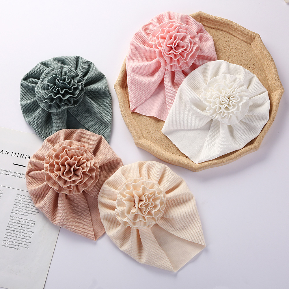 Turbante acanalado con flores grandes para bebé, gorros de algodón con nudo superior, diademas para niño y niña, gorros para recién nacido, accesorios para niños