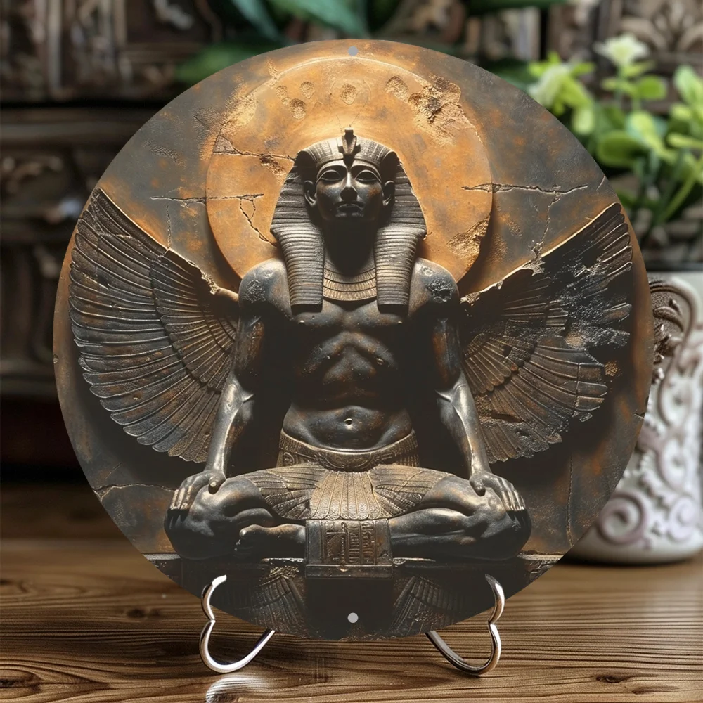 Panneau plat rond en aluminium sur le thème de la figure de pharaon égyptien, oeuvre décorative, unique, décoration de bureau, de porte de maison, JO