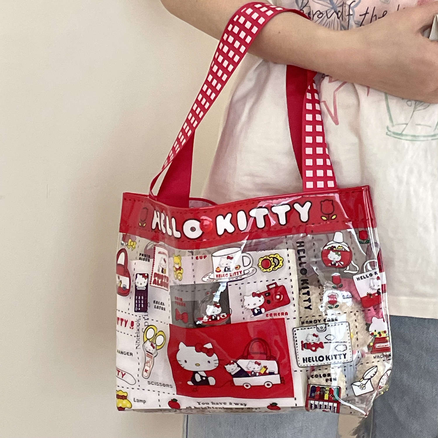 Borsa Trasparente Hello Kitty a Quadretti Rossi Retrò, Borsa Impermeabile in PVC con Stampa Cartoon, Borsa per la Mamma, Borsa Portaoggetti per il Nuoto