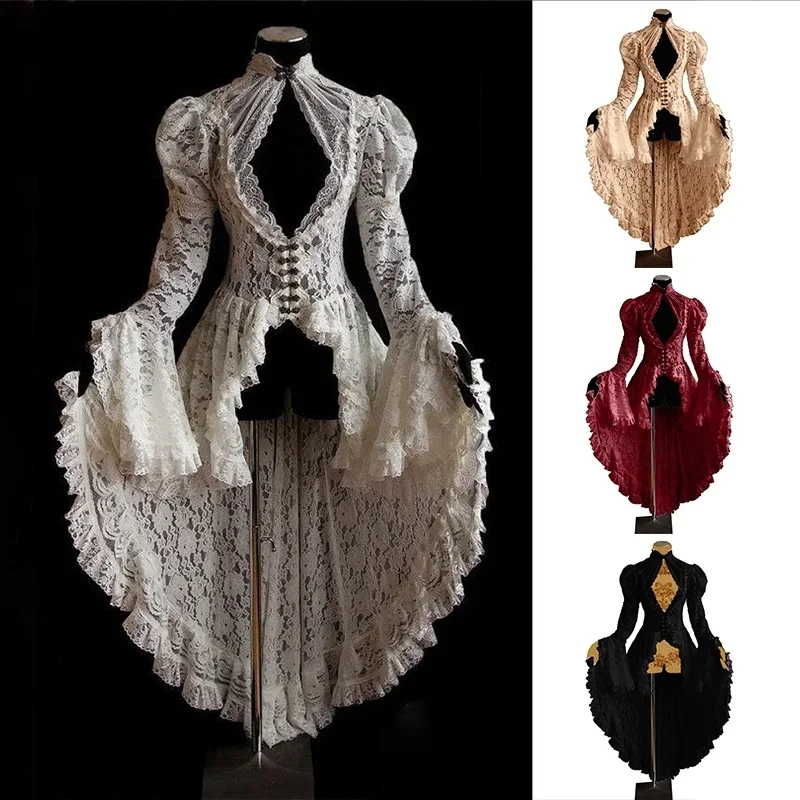 Femmes S-5XL Cosplay robe Style gothique robe asymétrique Halloween rétro Vintage solide dentelle médiévale Cardigan Cosplay
