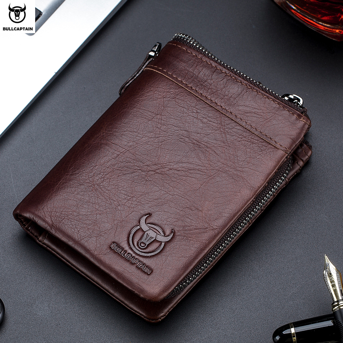 Carteira masculina de couro genuíno BULLCAPTAIN com zíper retrô porta-moedas RFID porta-cartões masculino