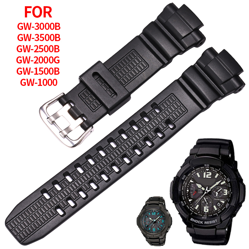 Armband für Casio GW-3500B GW-3000B GW-2000 Sportuhrenarmband, schwarzes, weiches Silikon-Gummi-Dornschließenarmband für Herren, Armband + Werkzeug