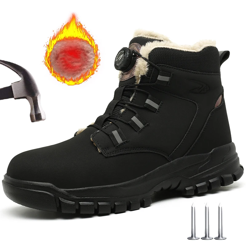 Men  Winter Work Safety Boots Men Steel Toe Work Shoes Rotating Button Waterproof Protective Safety Shoes Footwear