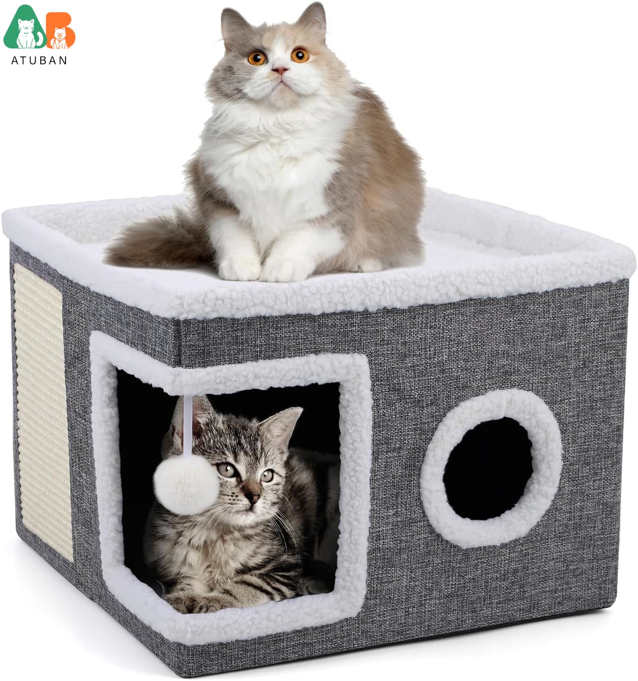 ATUBAN Cat Beds for Indoor Cats,Large Cat Cave with Cozy Condo,Fluffy Hanging Ball,Foldable Indoor Cat House Hold Up to 30LBS