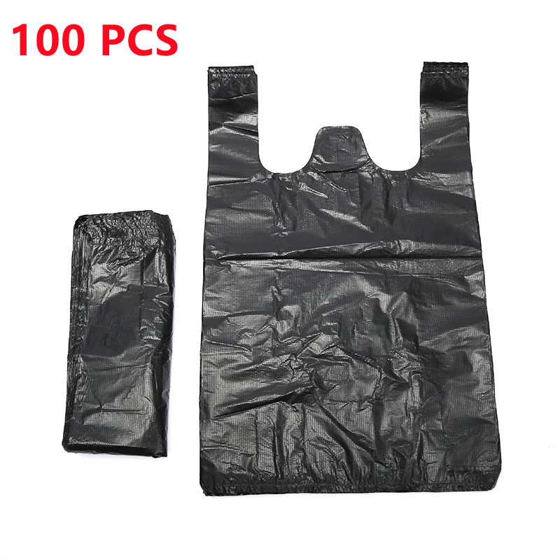 100PCS Schwarz Kunststoff Einkaufstasche Weste Lagerung Tasche Verdickt Supermarkt Einkaufen Verpackung Zum Mitnehmen Küche Müll Lagerung Tasche