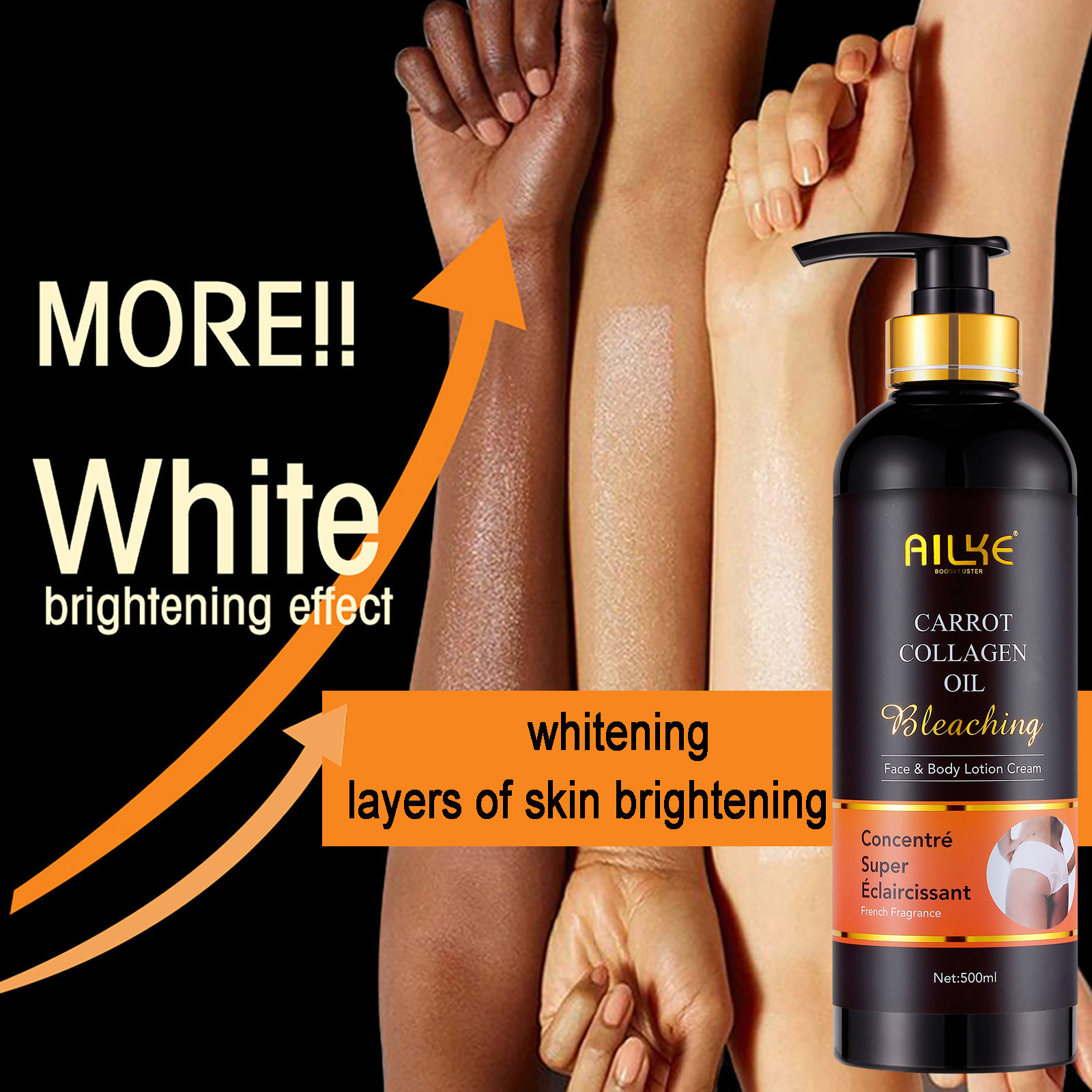 AILKE Verlichtende en Hydraterende Bodylotion, voor Donkere en Zwarte Huid, Met Collageen Reinigende Huid, Vermindert Donkere Vlekken, 500ml