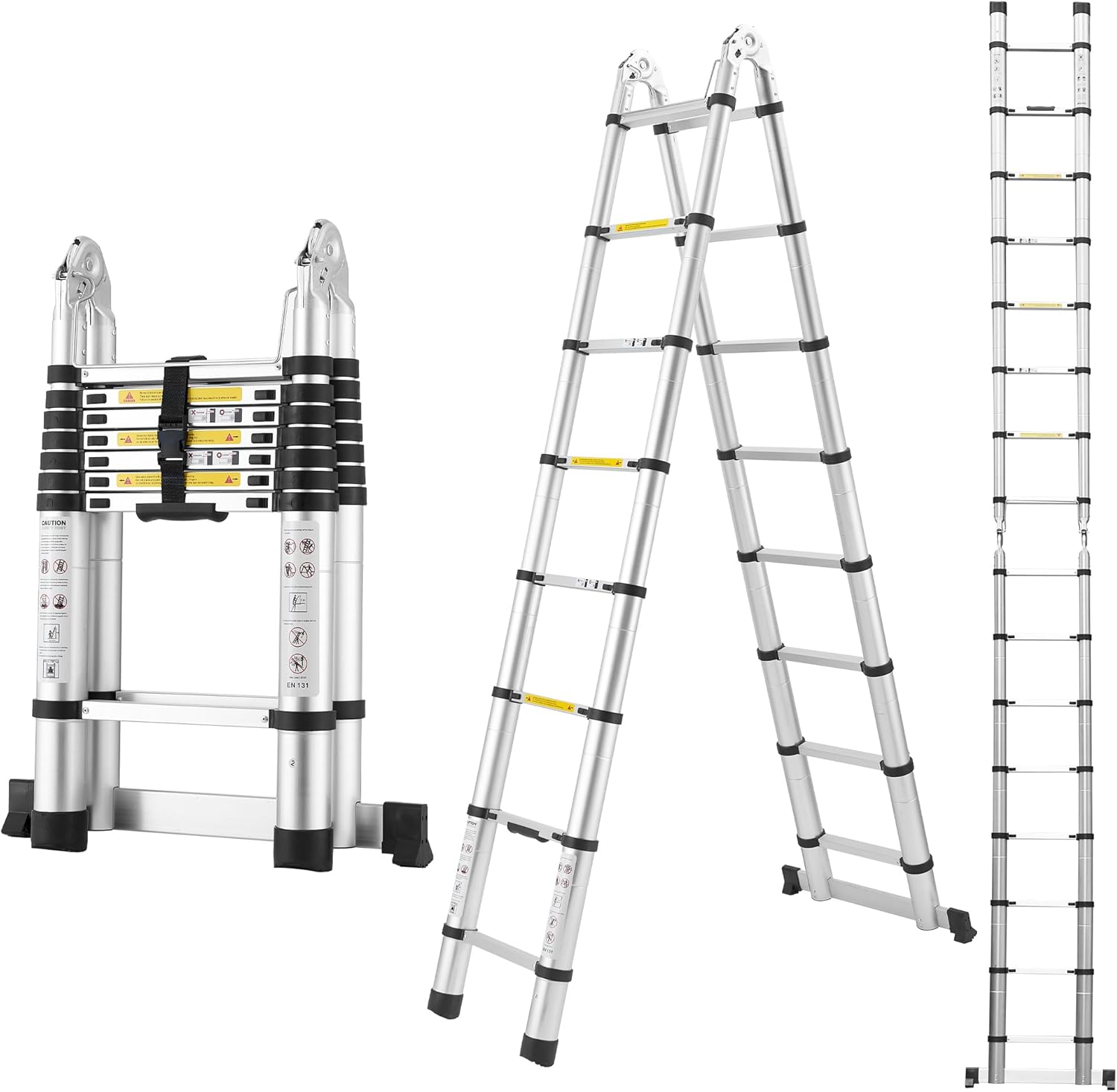 Escalera Telescópica Extensible de Aluminio con Forma de A, con Pies Antideslizantes, 16.5 Pies, Escalera Plegable Extensible Compacta para Casa