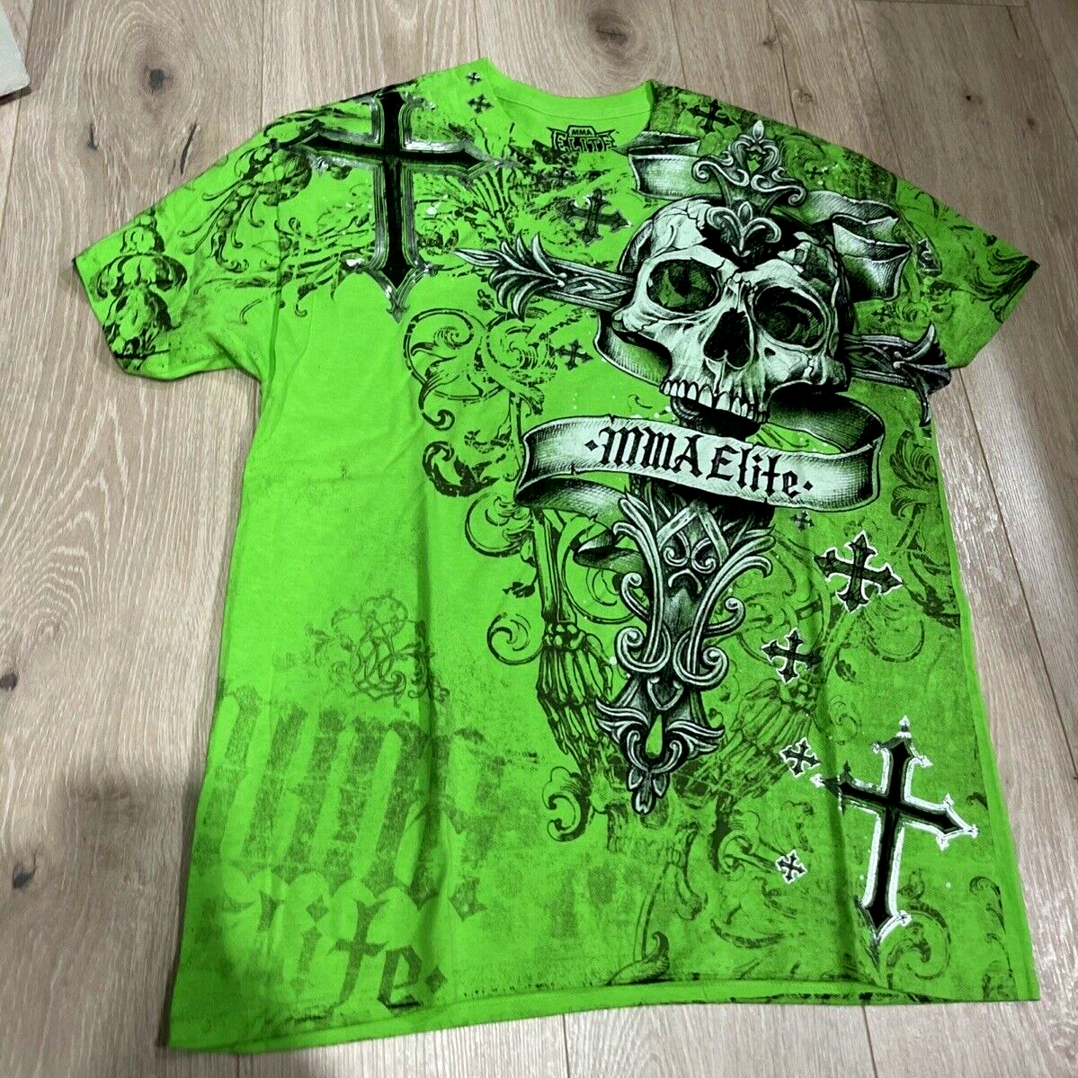 T-shirt Uomo MMA ELITE Verde Y2K con Stampa Teschio Incrociato, Vestibilità Larga, Streetwear, Grafica Oversize, Fluorescente al Buio, Top Popolare per Feste