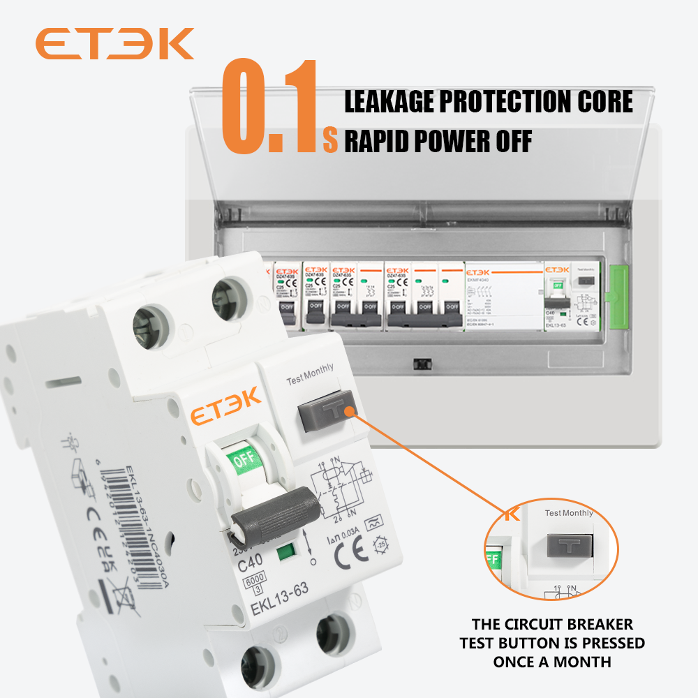 ETEC RCBO Тип A 1P+N Автоматический автоматический выключатель остаточного типа с защитой от утечки перегрузки по току 6KA 2P DPN 30 мА EKL13