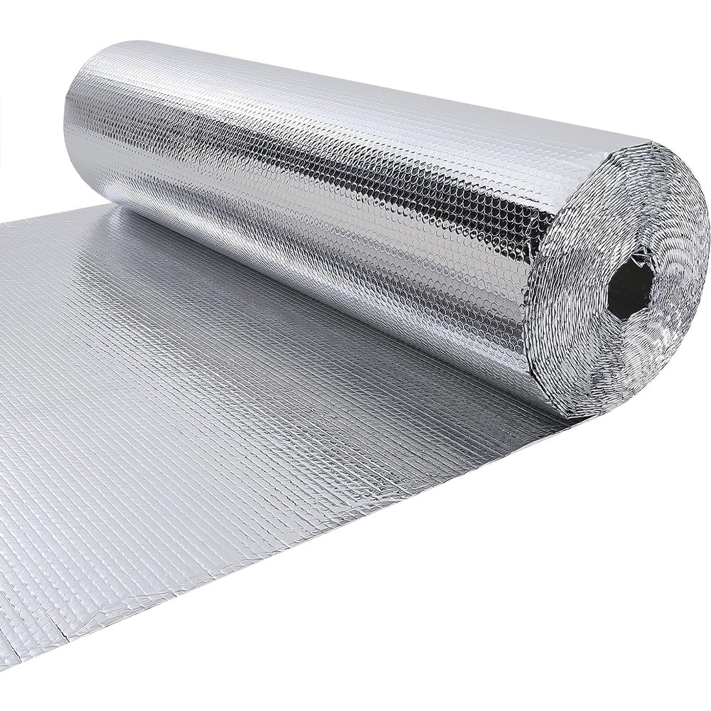 Espuma reflexiva de filme de alumínio dupla face, usada para isolamento térmico do telhado, proteção solar e preservação do calor (1MX3M).