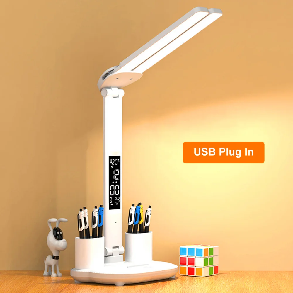 Lampe de Table LED à Double tête, lampe de bureau à intensité variable avec calendrier, horloge pliable, Protection des yeux, veilleuse de lecture