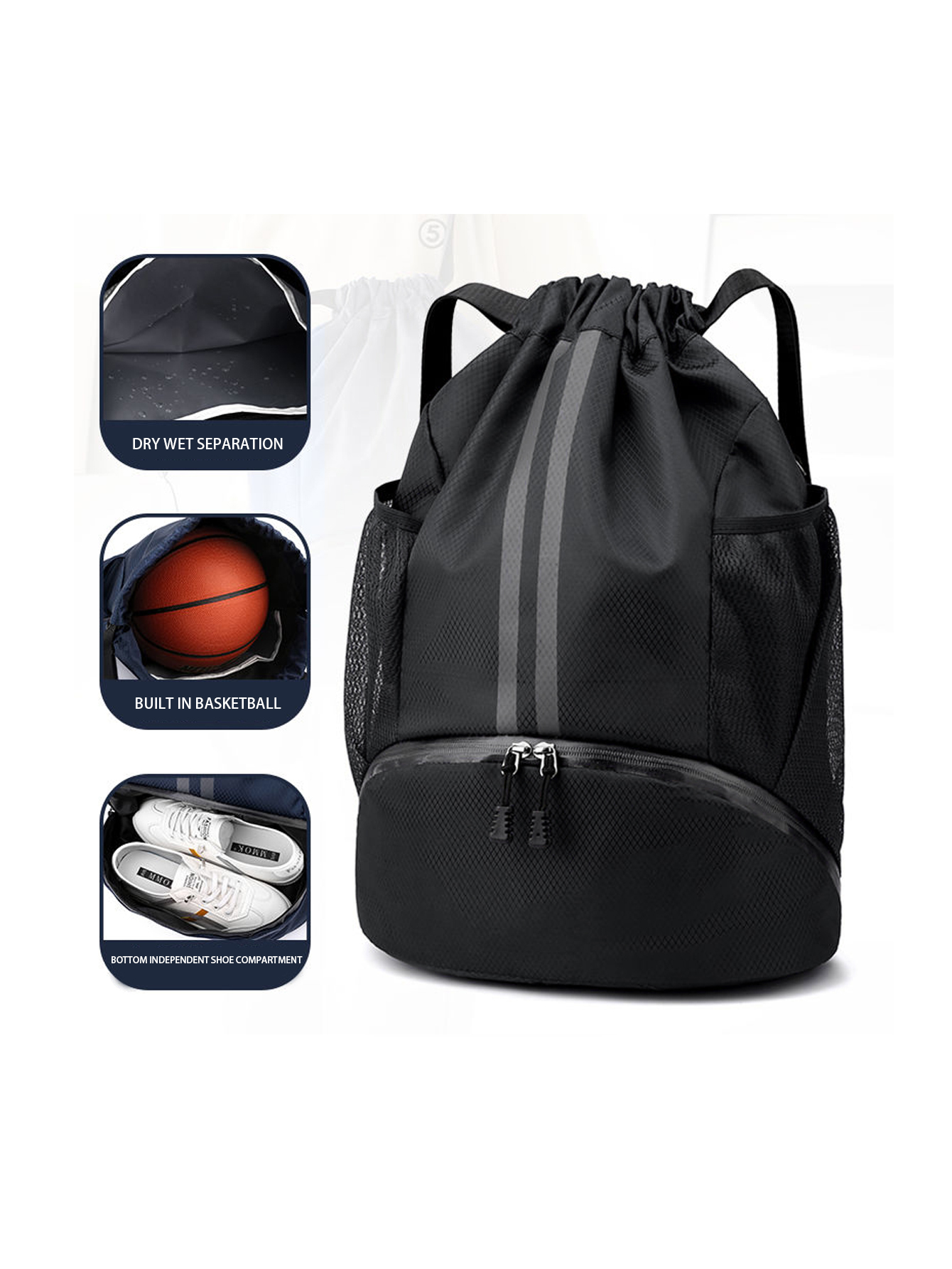 Sac de basket-ball, sac de natation, sac de rangement pour femmes à séparation sèche et humide, sac à dos de sport, sac à dos d'entraînement et de fitness à cordon