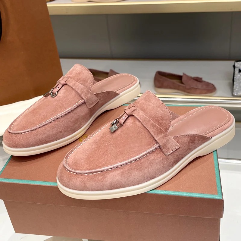 Sapatos femininos de camurça com bico redondo, estilo britânico, confortáveis para usar em casa, chinelos casuais.