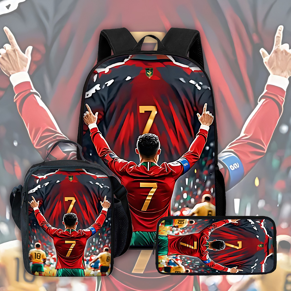 Fußballstar-Schulrucksack für Kinder mit Lunch-R-Ronaldos-Taschen, Federmäppchen, C-CR7-Schultaschen für Jungen und Mädchen, bestes Geschenk