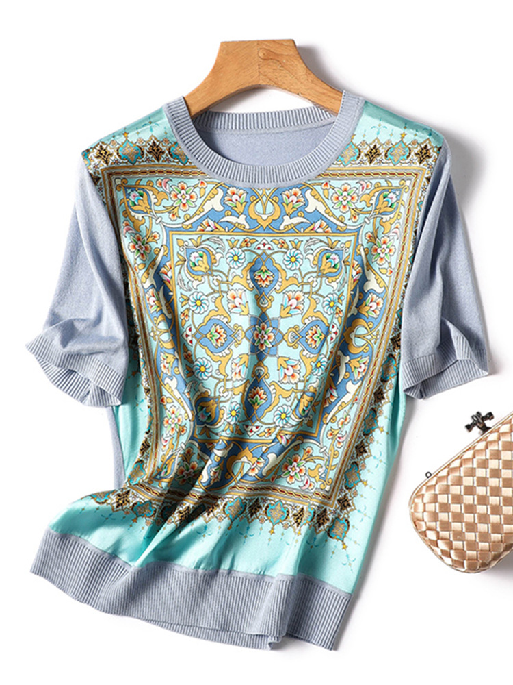 Kaos Rajut Wanita Musim Semi Panas 2026 Berkualitas Tinggi, Bahan Sutra Es yang Menyegarkan, Lengan Pendek, Panel Bermotif, Model Longgar