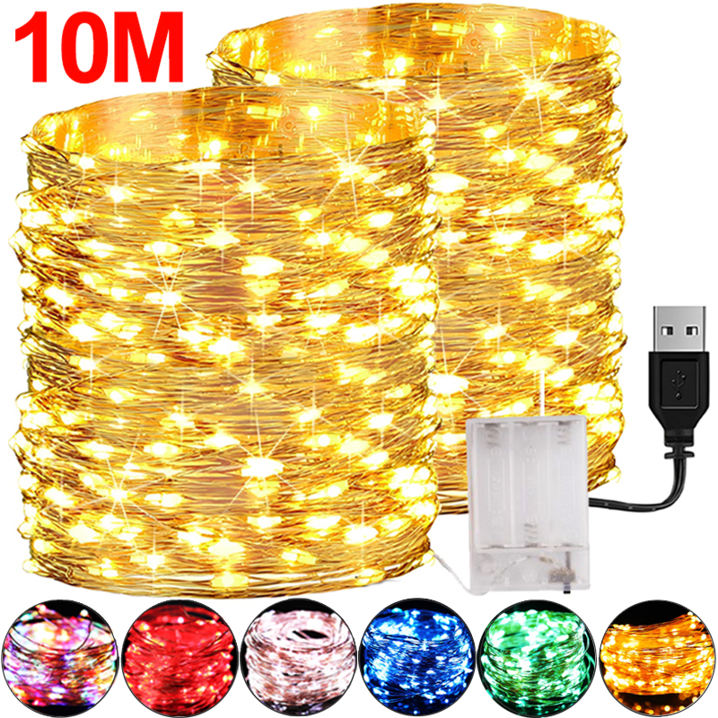 Guirnaldas de iluminación LED de 2-10M, luces de alambre de cobre con batería USB, guirnalda de luces impermeables para exteriores, lámparas de decoración para fiesta de Navidad