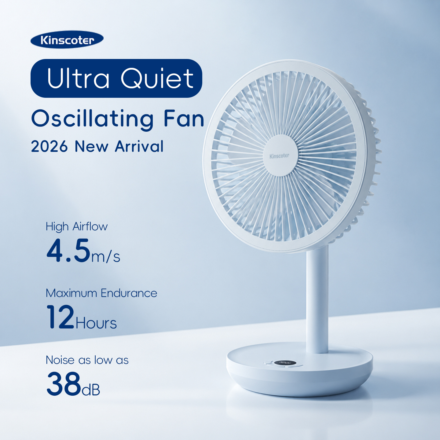Ventilador de Mesa Oscilante Inteligente KINSCOTER 4000mAh USB, Ajustável em Ângulo, Silencioso, Recarregável, 5 Velocidades de Vento para Casa/Escritório/Presente