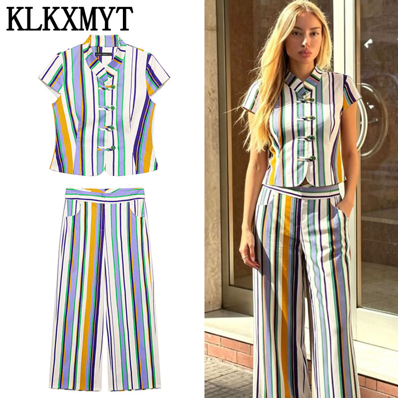 KLKXMYT Schickes Streifen-Hosen-Set für Damen Ärmelloses Kurzarm-Oberteil Gerade Hosen Anzüge 2026 Sommer Damen-Outfits ﻿