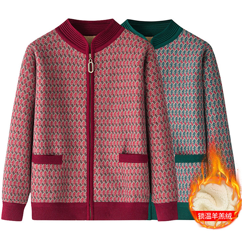 Autumn Winter 2024 New Fleece-lined Warm Jacket Cardigan For Middle Aged Elderly Mothers Sweater Coat Thick Women's Clothes