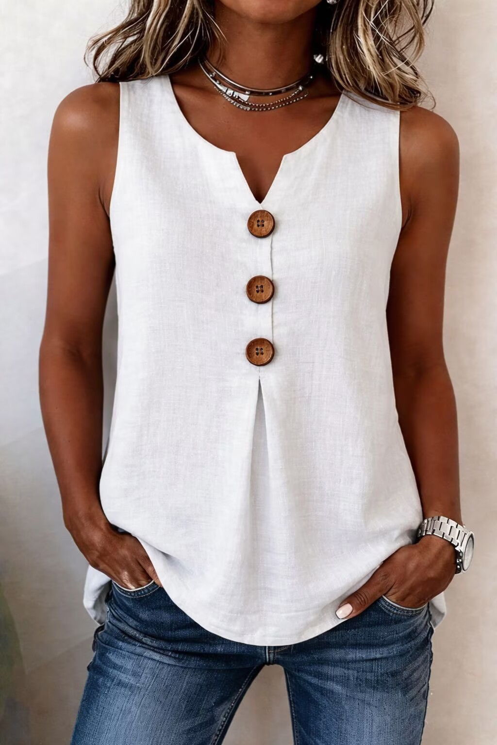 2026 European and American Cross-border New V-Neck Front-Button Sleeveless Vest with Pleated Hem, Relaxed Casual Women’s Top