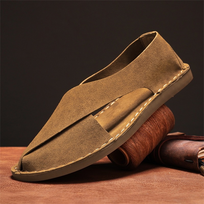 Sandálias masculinas de couro camurça, sapatos casuais feitos à mão, de alta qualidade, confortáveis, antiderrapantes, sapatos de praia