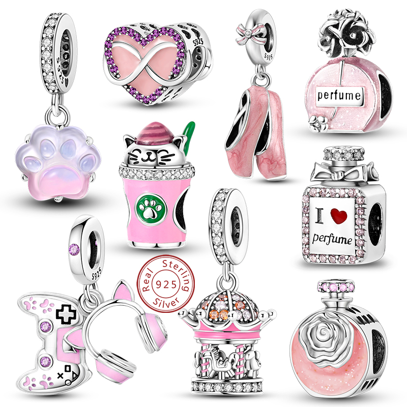 Abalorio de Plata de Ley 925 con colgante rosa, compatible con pulsera Original, collar, cuentas, accesorios de joyería DIY
