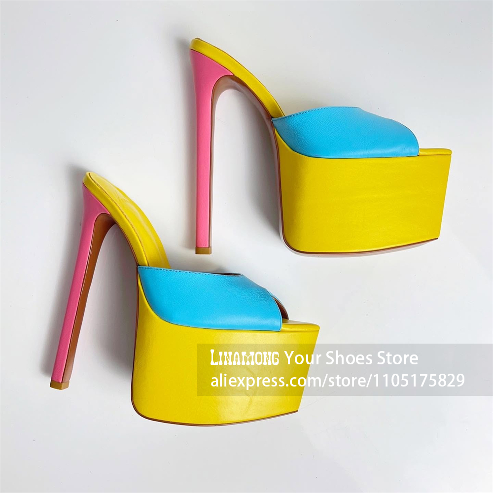 Ultra High Pointed Platform Mules Backless Slip On Peep Toe Summer Slippers Multicolor Handmade Customized Women Stiletto Heels
