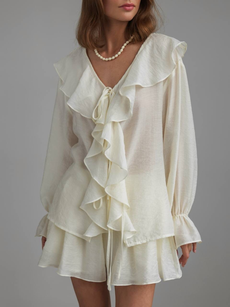 Bornladies 春の新女性のフレンチ V ネックルーズフリルシャツショーツセットファッションカジュアル長袖ルーズショーツ 2 点セット