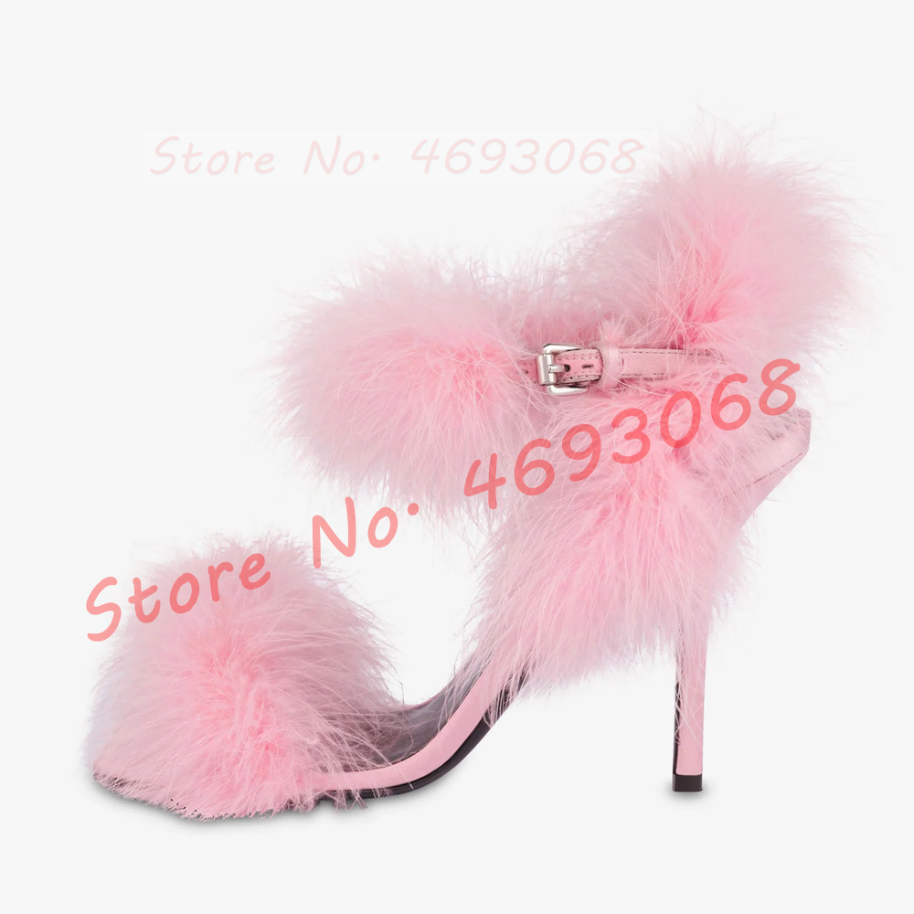 Zoete roze veren satijnen sandalen dames mooie vierkante teen pluizige hoge hakken party enkelband schoenen stiletto hakken vloeiende sandalen
