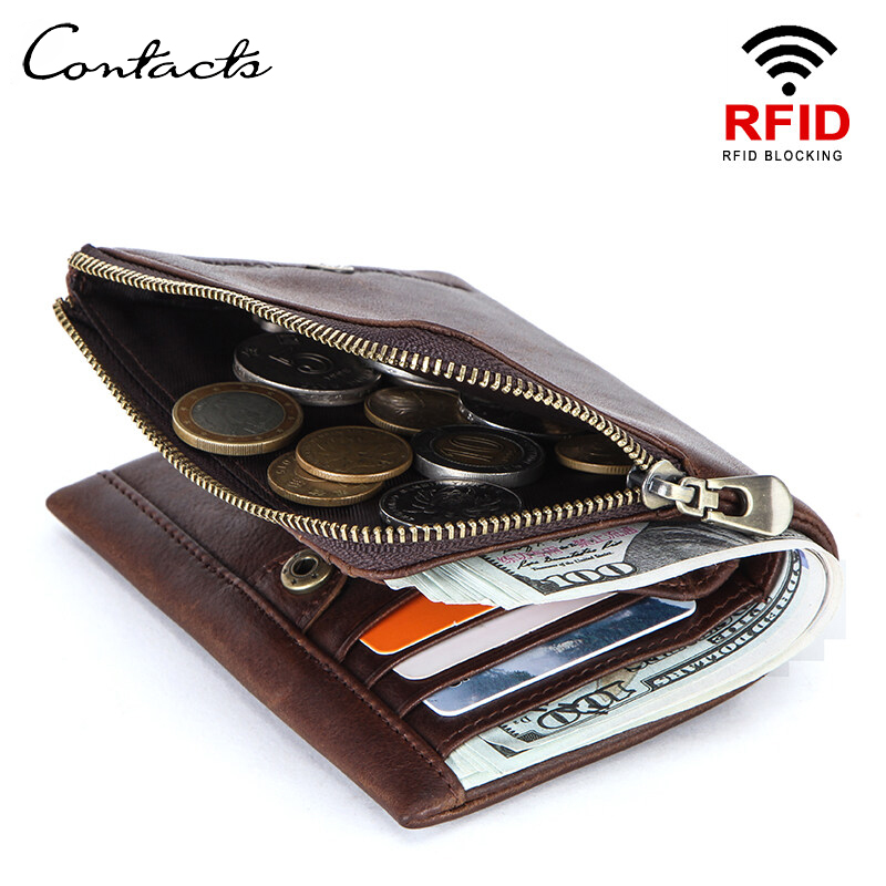 Portefeuille Homme en Cuir Véritable CONTACT'S, Court, Pliant, Vintage, de Luxe, avec Fermeture Éclair, Porte-Monnaie, Porte-Cartes et Pince à Billets de Voyage