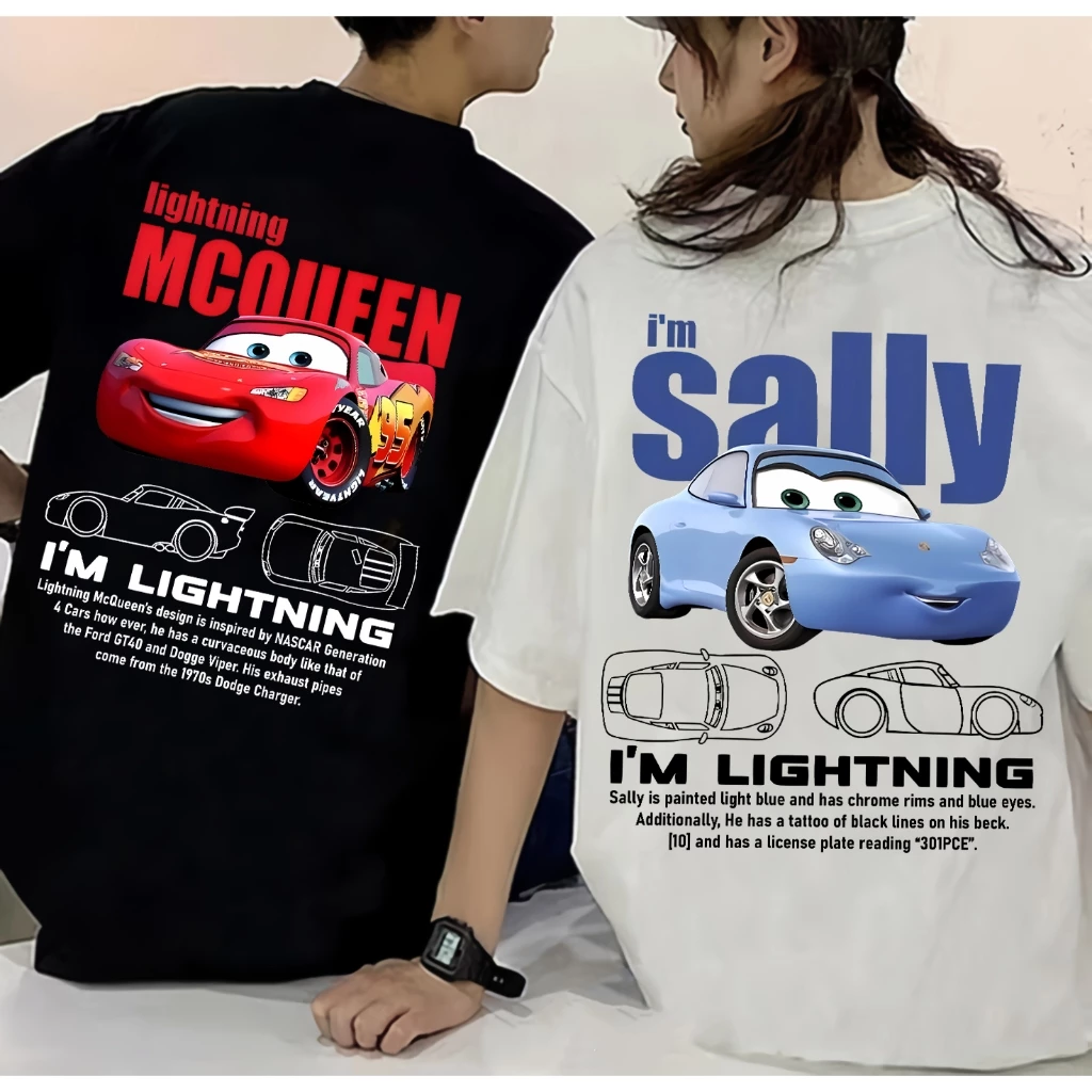 ฤดูร้อนใหม่ Lightning Mcqueen และ Sally พิมพ์คู่เสื้อยืด Sally และ Mcqueen ผ้าฝ้ายแขนสั้นผู้ชายผู้หญิง Tees เสื้อลําลอง