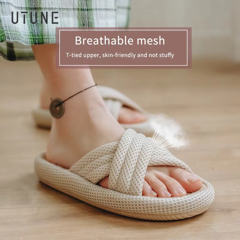 UTUNE Mute Linnen Slippers Voor Vrouwen Japanse Indoor Zomer Schoenen Mesh Doek EVA Zool Jute Thuis Slippers Mannen antislip Slippers