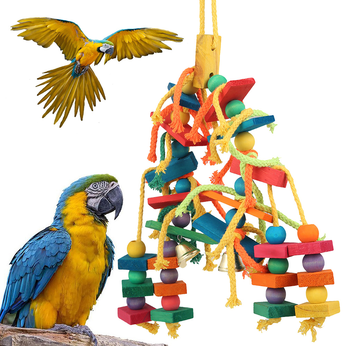 Juguete para masticar loros seguro con gancho, cuerdas de cuentas de madera coloridas, bloques naturales, juguetes rasgados para pájaros pequeños y medianos, Mini guacamayo