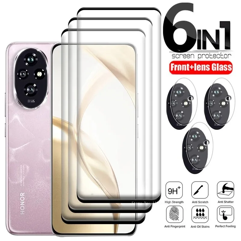 6-in-1 Voor Honor 200 Glas Voor Honor 200 Gehard Glas HD 9H Volledige Gebogen Cover Screen Protetor voor Huawei Honor 200 Lens Glas