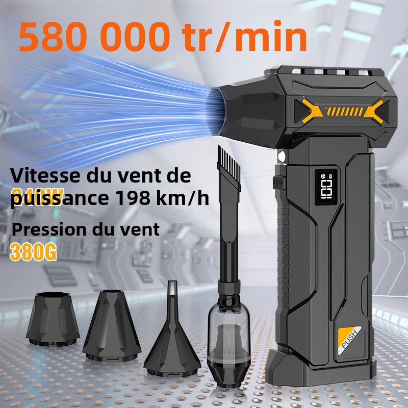 Souffleur turbo puissant 580000 tr/min, aspirateur sans fil, souffleur à neige électrique, force de soufflage de 380 g, éclairage LED, nettoyage de voiture