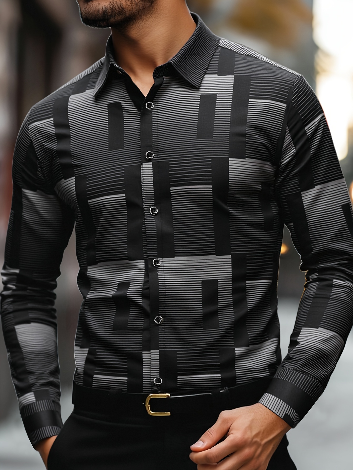 Slim-Fit-Hemd mit geometrischem Druck für Herren, maschinenwaschbar, klassischer Kragen und Knopfleiste vorne, vielseitige Büro-Freizeitkleidung für die ganze Saison