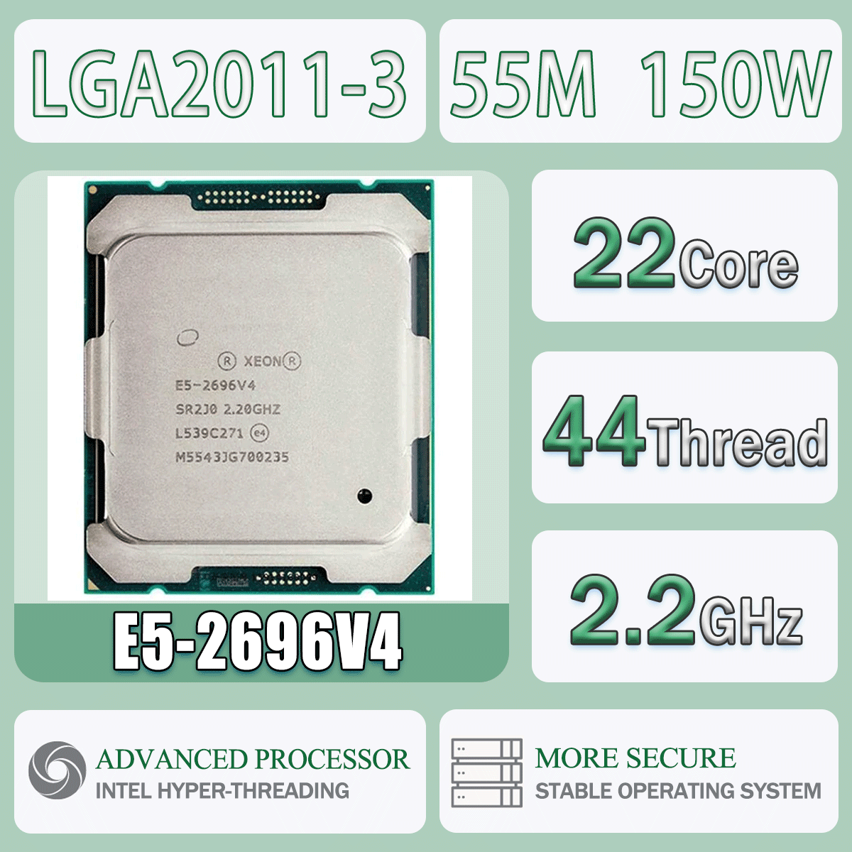 Procesor Intel Xeon E5-2696V4 2.2GHz 22 rdzenie 44 wątki 55M 150W 14NM E5 2696V4 CPU do komputera E5 2696 V4 Package LGA 2011-3