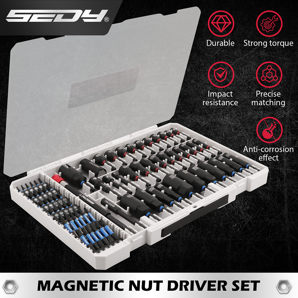 SEDY – jeu de pilotes d'écrou à percussion magnétique de qualité supérieure, 80 pièces, métrique et SAE avec adaptateurs de douille, support de bits, pilote d'écrou à oreilles
