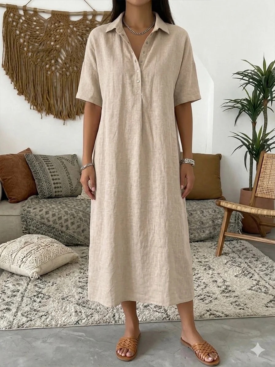 Vestido de Lino de Manga Corta con Cuello Polo, Corte Recto, Casual y Cómodo para Mujer, Primavera-Verano 2026