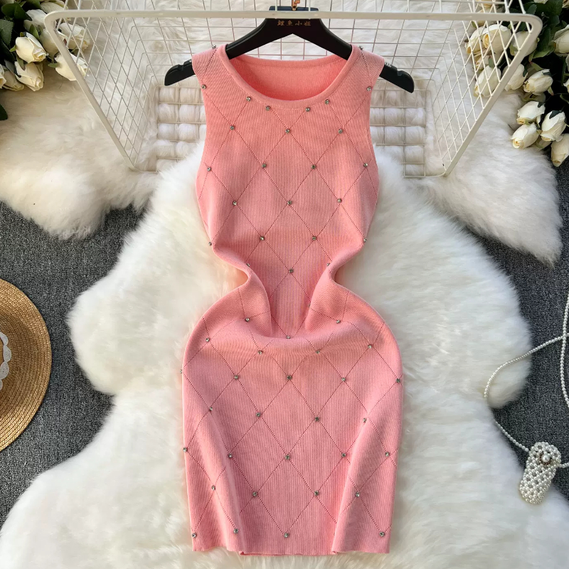 Beading verão feminino tricô bainha tanque vestido feminino bodycon malha camisola sem mangas mini vestidos para roupas femininas