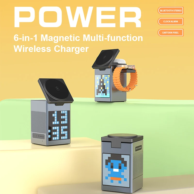 Chargeur sans fil magnétique multifonction, haut-parleur Bluetooth, réveil, iPhone 14, 15, 16Pro Max, Airpods, iWatch, 6 en 1
