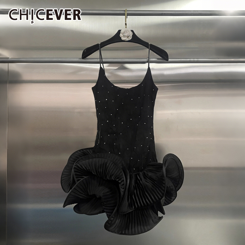 CHICEVER negro empalmado 3D pliegues temperamento vestido femenino cuello redondo sin mangas adelgazante ligero vestidos de lujo para mujer estilo de moda