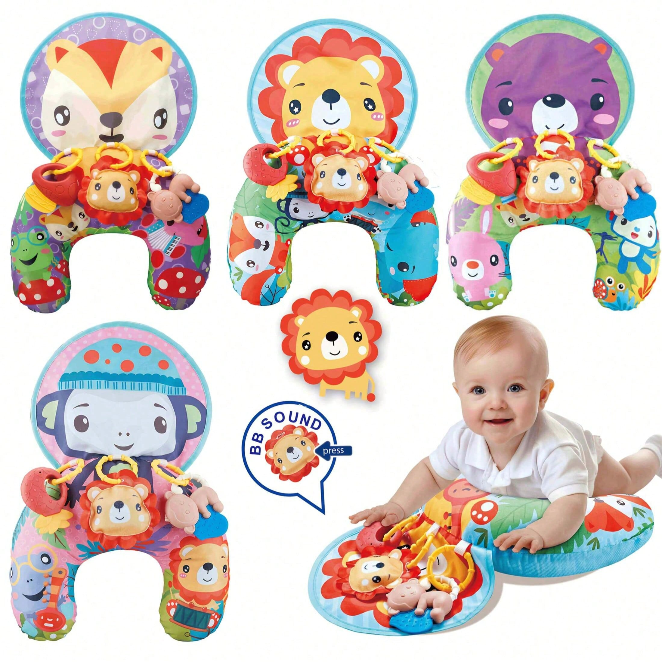 Cuscino per il tummy time del neonato con sonagli, tappetino multifunzionale per gattonare e gioco per neonati, supporto colorato con animali dei cartoni animati