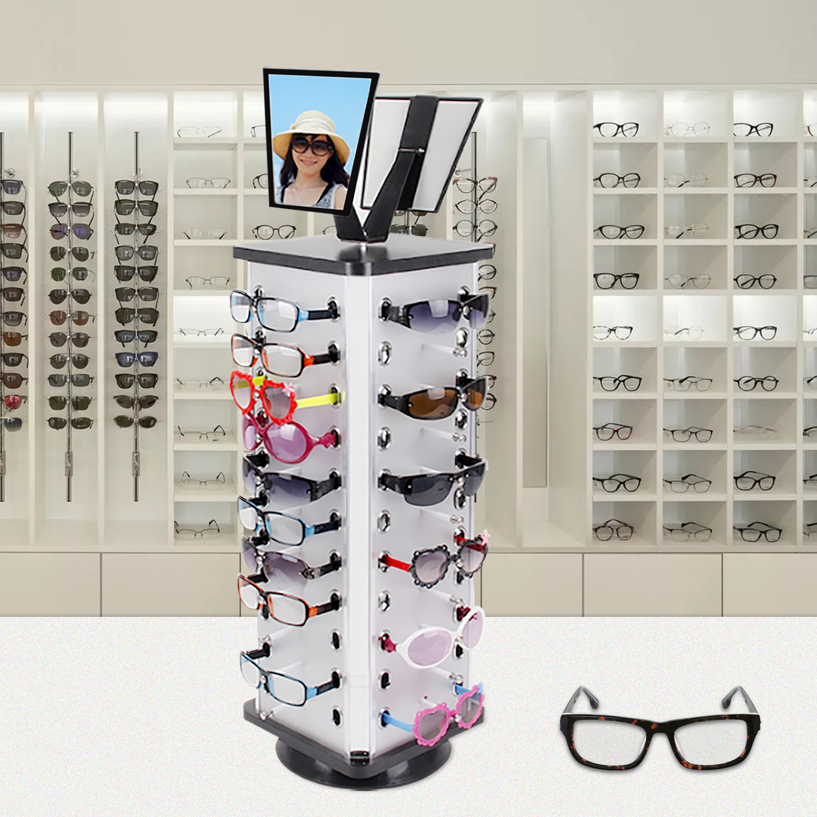 360 °   Soporte de exhibición giratorio para anteojos de 44 pares, con base de madera resistente. Lados de aluminio, para exhibición de gafas organizadas