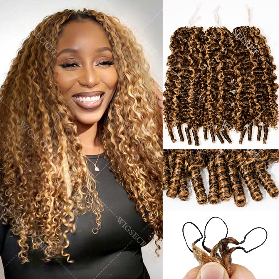 Extensiones de Cabello Humano Rizado Birmano 12A P4/27 Pre-Separadas Sin Nudos con Reflejos Pixie Curls Feather Crochet Miracle Knots