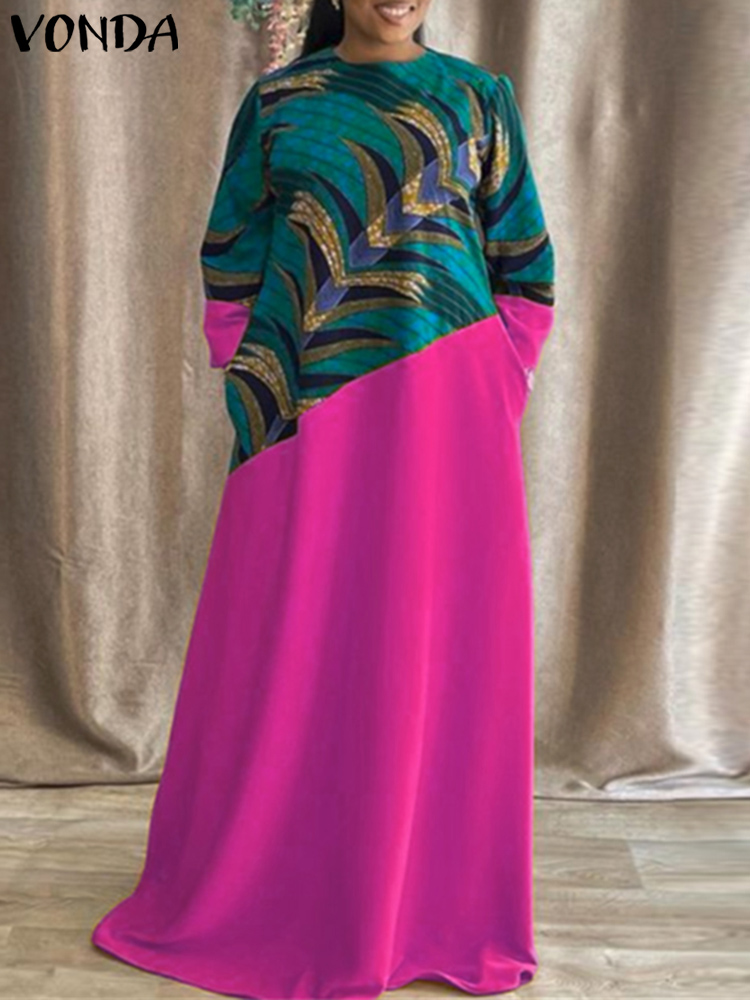 Vestido largo de talla grande 5XL VONDA con estampado Vintage para mujer, vestido bohemio de retazos para fiesta, vestido informal holgado de manga larga, Vestidos