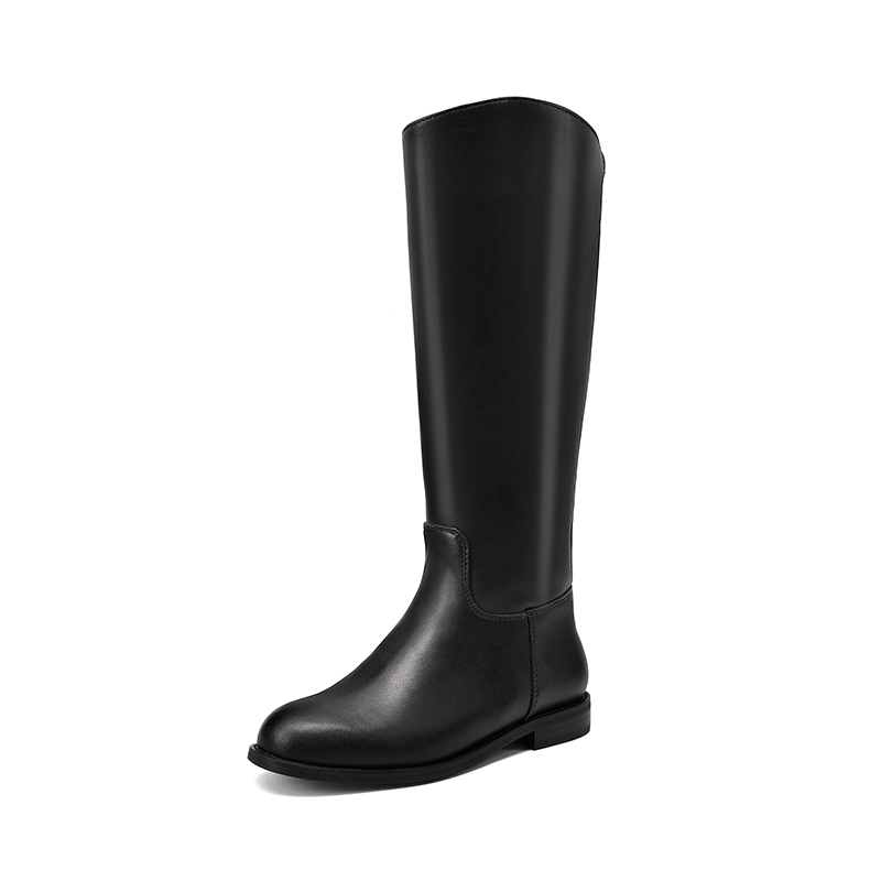 2025 NEW TREND Autumn Winter Split Leather Women Knee High Riding Boots Apricot Black Fashion Round Toe Slip-On Lowland Boots