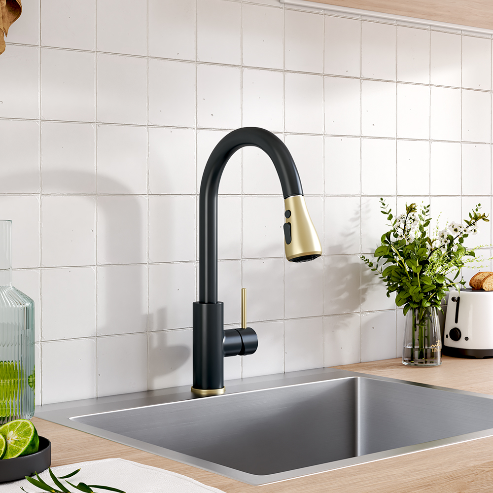 Grifo retráctil de oro negro para cocina, mezclador comercial extraíble